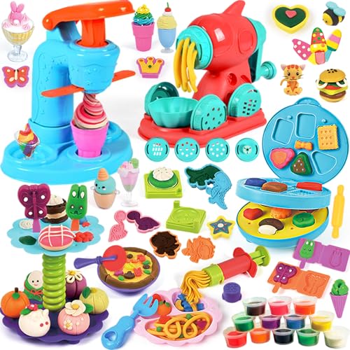 JOYBOY Pâte à Modeler pour Enfants,Accessoires en Pâte à Modeler,Machine à Glace+Machine à Pâtes+Machine à Burger,avec 24 Pots de Pate a Modeler,avec...