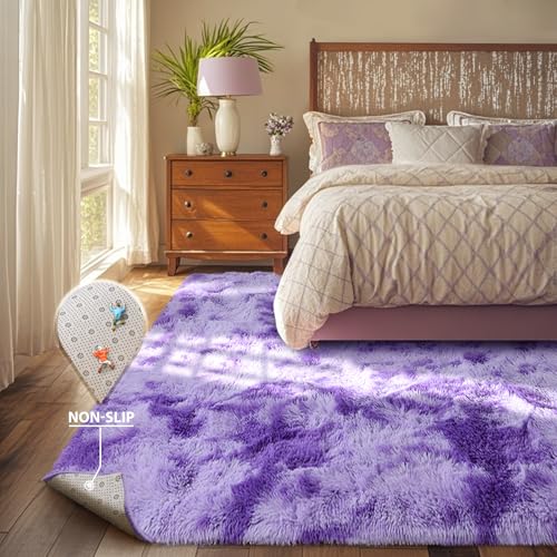 Purple White Rug Fluffy 4x6 Bedroom Rugs Girls,Plush Soft Fuzzy Area Carpet Non Slip for Living Room Nursery Kids Girlie Elegant Home Decor Aesthetic