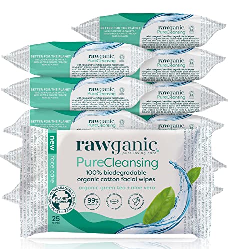 RAWGANIC Toallitas faciales refrescantes | Toallitas suaves de algodón orgánico, sin alcohol, sin fragancia y biodegradables | con Aloe Vera y té verde (set de 12 unidades)