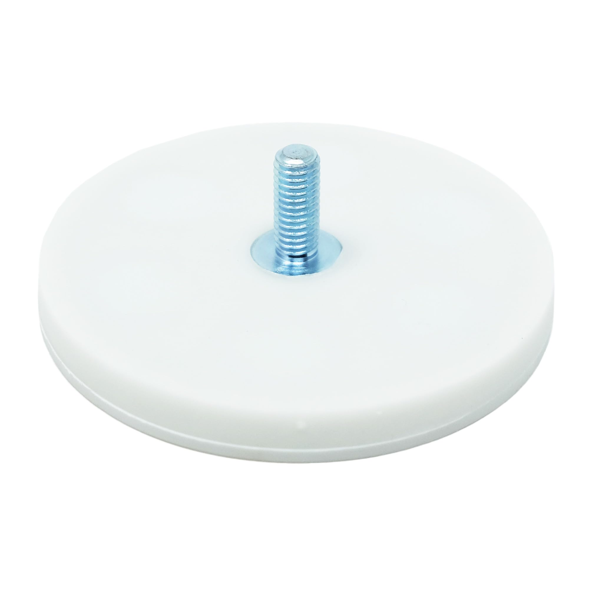 White Rubber Coated Pos Magnet Countersunk With M8 X 15mm External Thread For Retail Fixing66mm Dia X 8mm Thick23Kg Pull from B&Q