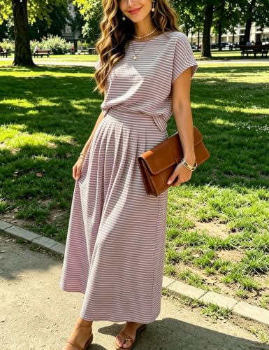 Image of Zontroldy Women's Summer 2 Piece Outfits Striped Skirt Sets Cap Sleeve Crop Top Midi Dress Matching Travel Outfits