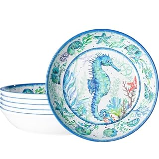 LEHAHA Melamine Pasta Bowls, Set of 6 9.25 inches 42 OZ Large Salad Serving Bowls, Coastal Melamine Dinner Deep Plates, Lightweight Soup/Cereal/Noodle Bowls set, Dishwasher Safe,Oceanic Design…