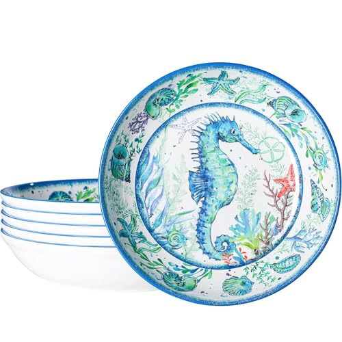 LEHAHA Melamine Pasta Bowls, Set of 6 9.25 inches 42 OZ Large Salad Serving Bowls, Coastal Melamine Dinner Deep Plates, Lightweight Soup/Cereal/Noodle Bowls set, Dishwasher Safe,Oceanic Design...