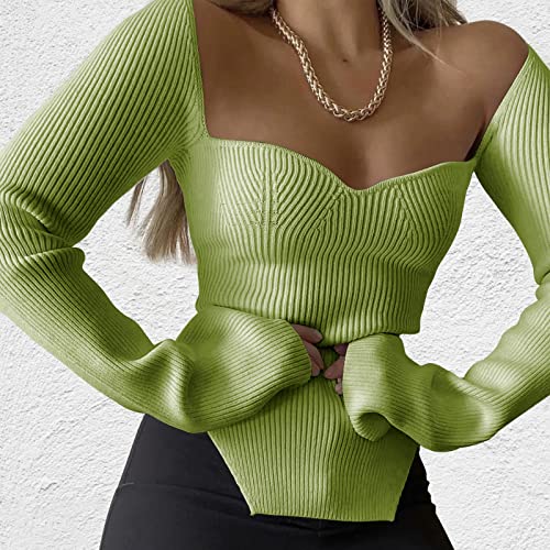 Image of Women's Square Neck Ribbed Knitted Sweater Long Sleeve Crop Slim Fitted Basic Pullover Tops