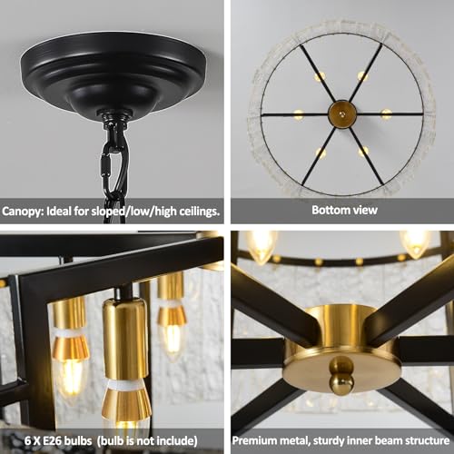DUGHKUGH 6-Light Black Crystal Chandeliers 24 inch Drum Modern Farmhouse Chandelier Light Fixture Water Ripple Glass Chandeliers for Living Room, Dining Room, Bedroom, Kitchen — view 6