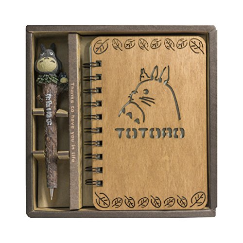 My Neighbor Totoro Vintage Wooden Cover Notebook by Guritta Journals Diary Sketchbook Study Spiral Writing Notebook Wonderful Creative Christmas Kids Gift with Cute Anime Pen Set Dark Wood Hardcover