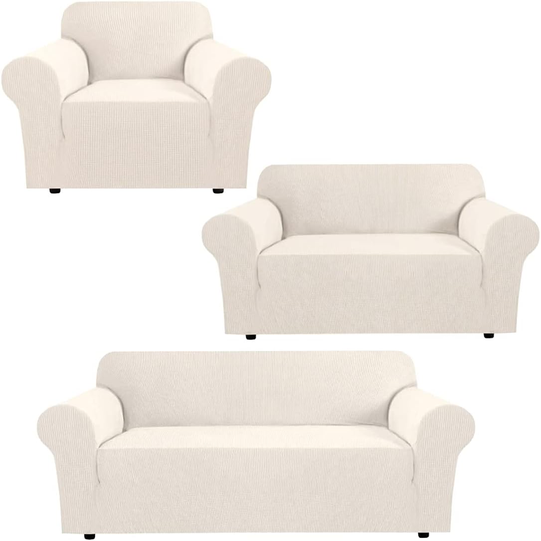 H.VERSAILTEX Stretch Sofa Covers for 3 Cushion Couch Bundle Loveseat Sofa Covers for 2 Cushion Couch Bundle 1 Seater Armchair Covers, Ivory