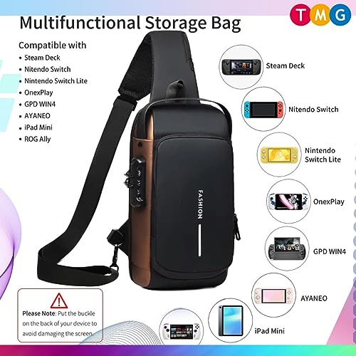 Image of TMG Crossbody Sling Bag for Steam Deck|Nintendo Switch OLED Console|iPad,Waterproof Chest Daypack with USB Charging, Shoulder Backpack for Men|Women (Brown)