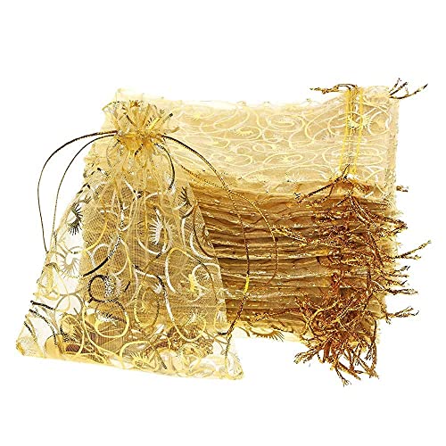 Image of DMS RETAIL Printed Organza Bag Pouches|Organza Return Gift Bags|Drawstring Pouches For Wedding| Jewelry Gift Bags for Party Golden Pack Of (20)