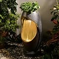 Sunlinua Modern Outdoor Water Fountain with LED Lights & Planter Groove – 28" Tall Resin Waterfall Fountains Freestanding Garden Water Feature for Patio, Deck, Porch, Backyard Decor, Brown Oval Design