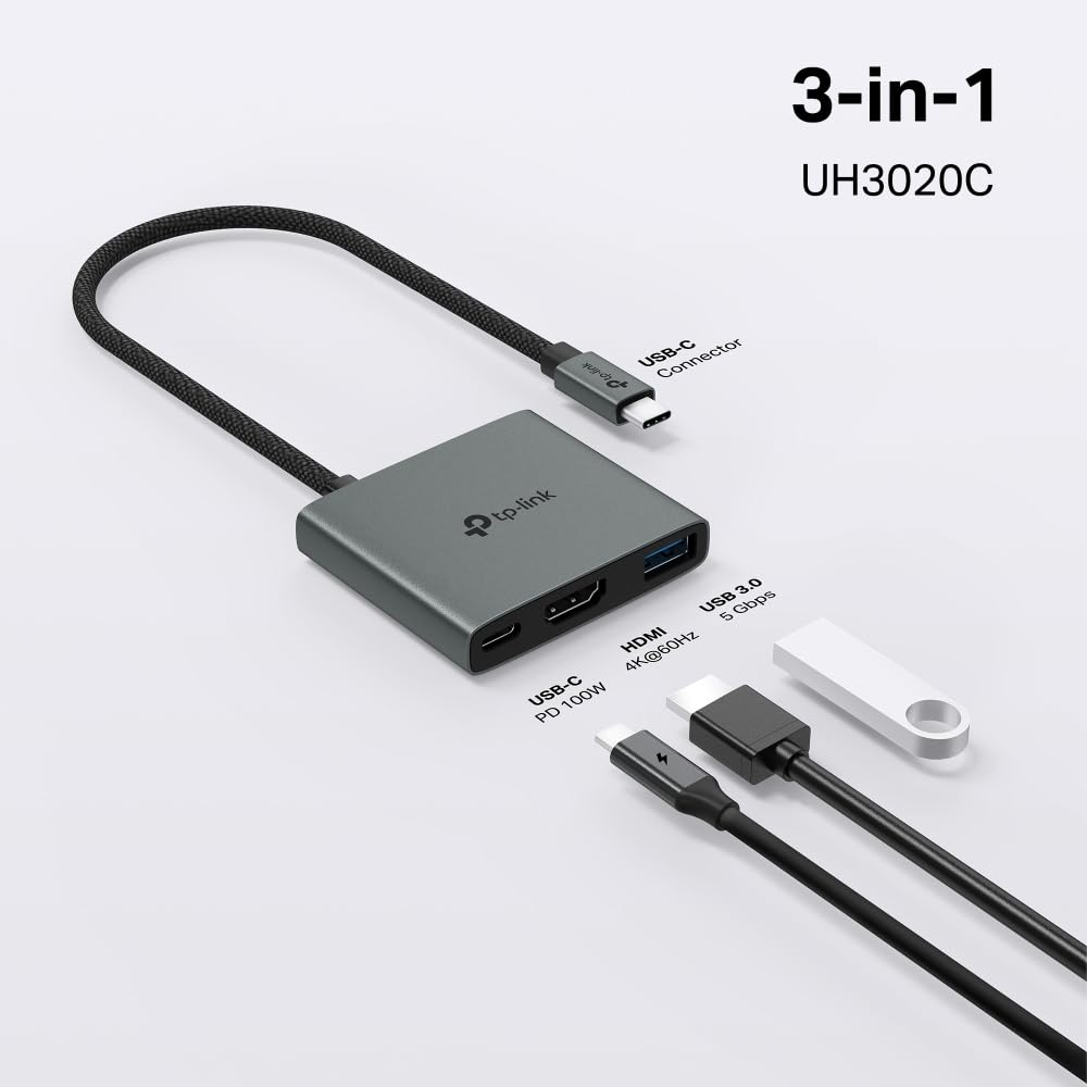 TP-Link Hub USB typu C 3 w 1 (UH3020C) – 4K HDMI 60 Hz, ładowanie PD 100 W, port USB-A 5 Gb/s, Plug & Play, stop aluminium, pleciony kabel, kompatybilny z Windows, macOS, iPadOS, ChromeOS, Android