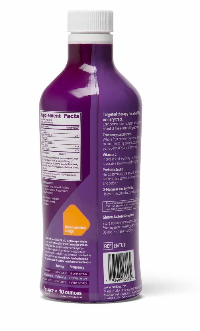 Medline Cranberry+ Liquid Urinary Tract Dietary Supplement, Supports Urinary Health, 30 oz. Bottle