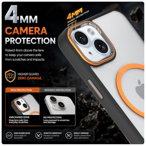 Image of Pikkme Back Cover for iPhone 15 Plus | Shockproof | Mag-Safe Compatible | Hard Transparent Back | Premium Raised Camera Protection | Bumper Case (Black & Orange Mag-Safe)