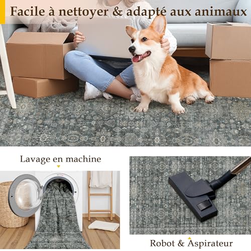 Tapis de salon antidérapant et lavable grand format noir