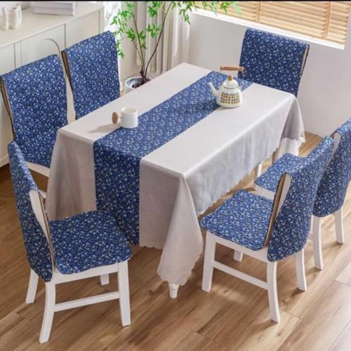 Image of HOMETHREADS Premium Cotton Chair Cover Set | Soft & Comfortable Seat Covers with Anti-Skid Non-Slip Backing + Waterproof Dining Table Cover (140x180 cm) (Black Blue, 4 Chair Covers + 1 Table Cover)