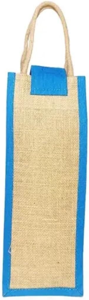 Jute Water Bottle Bag, Blue, Warli Print, Rope Handle with Button Closure, Reusable Carrier Tote