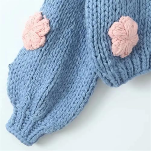 Women Hand Made Crochet 3D Flower Ball Cardigan Retro V Neck Long Sleeve Knit Sweater4