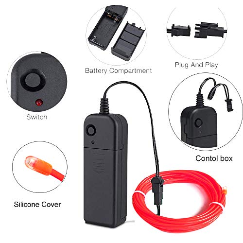 Image of MaxLax EL Wire Red, 32.8ft /10m Portable Battery Pack Neon Light Strip 360 Cuttable Glowing Rope Lights for Parties, Halloween, DIY Decoration