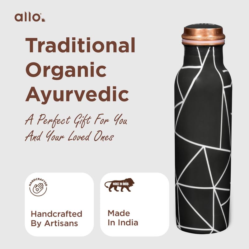 Image of Allo Pure Copper Water Bottle 1 Litre Copper Bottle | Alkaline and Anti Oxidant | 100% Leak Proof, Office, Gym Bottle, Modern Tamba Bottle for Adults, Best Gift for Diwali (Black Abstract Line)