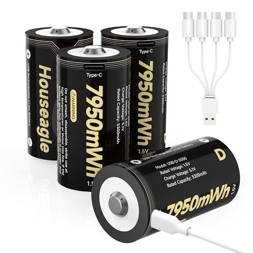 Rechargeable D Batteries 4 Pack 1.5V Lithium D Batteries with 4 in 1 USB-C Charge Cable for Floodlight Toys 7950mWh D Cell Batteries for Water Heater Gas Stove Floodlight and Outdoor Devices