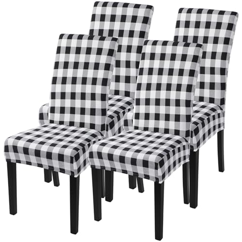 Image of SearchI Printed Dining Room Chair Covers Set of 4, Stretch Kitchen Chair Covers Washable Parsons Chair Slipcover Removable Dining Chair Protectors for Hotel,Ceremony(Black /White Plaid)