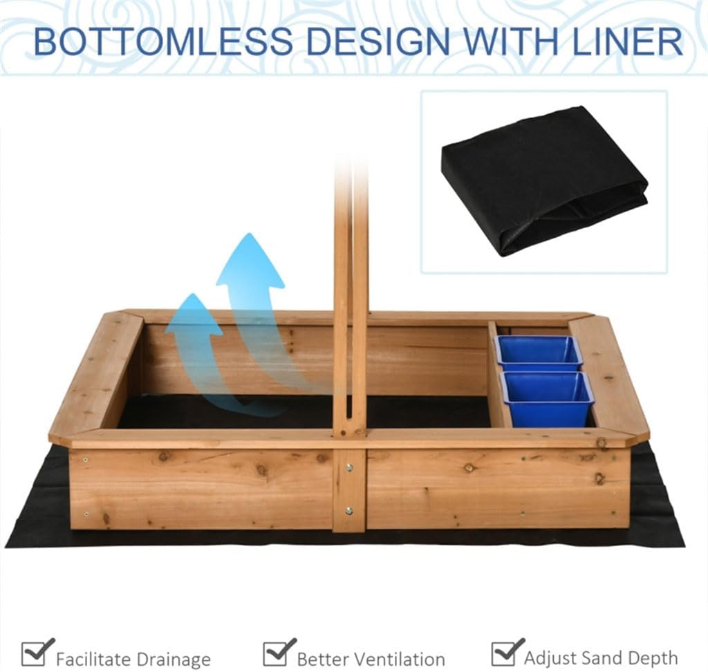 Sand Boxes for Kids Outdoor Wooden Sandbox with Adjustable Canopy and 2 Plastic Basin Sand Pit for Beach Patio Outdoor Sand Box Kids Outdoor Play Equipment Sand Protection Bottom Liner