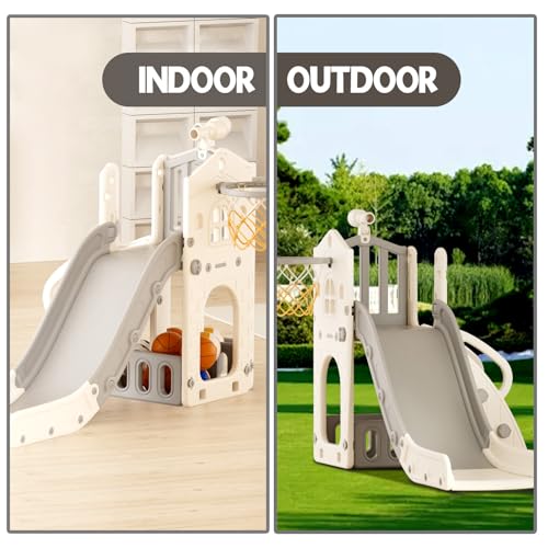 XJD 5 in 1 Toddler Slide, Kids Slide for Toddlers Age 1-3, Outdoor Indoor Playset for Toddlers with Basketball Hoop and Ball, Storage Space and Non-Slip Steps Telescope (Gley)