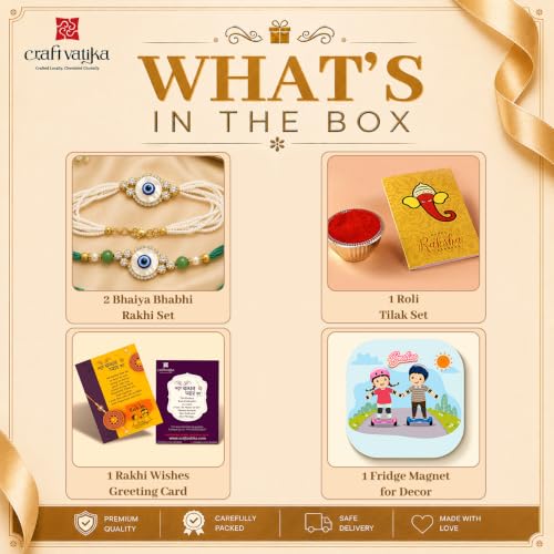 Image of CraftVatika Evil Eye Rakhi Set for Brother and Bhabhi, Premium Bhaiya Bhabhi Rakhi Gift Combo, Designer Bracelet Rakhis for Rakshabandhan, Couple Pair Raki, Fridge Magnet Gift with Card Tillak Set
