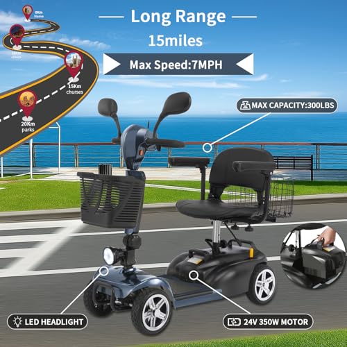 Image of Mobility Scooter for Seniors /Adults,20 /35 Miles up to 300lbs Capacity, 4 Wheels Mobility Scooters 350W 7MPH,USB Charging Detachable Lithium Battery with Rear Mirror