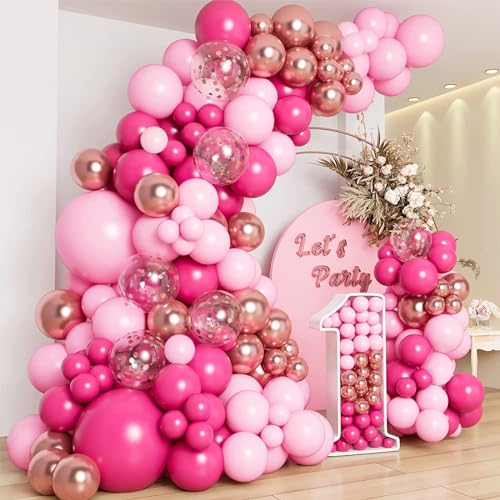 Image of CANREVEL 125Pcs Pink Balloon Garland Arch Kit, Hot Pink Metallic Rose Gold Confetti Latex Balloons for Baby Girl Shower Princess Birthday Wedding Valentine's Party Decorations