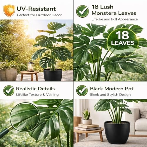 Image of Artificial Monstera Plant with Black Pot - 26 Inch (66 cm) Tall Faux Tropical Decorative Plant for Home, Office, Balcony & Living Room Decor