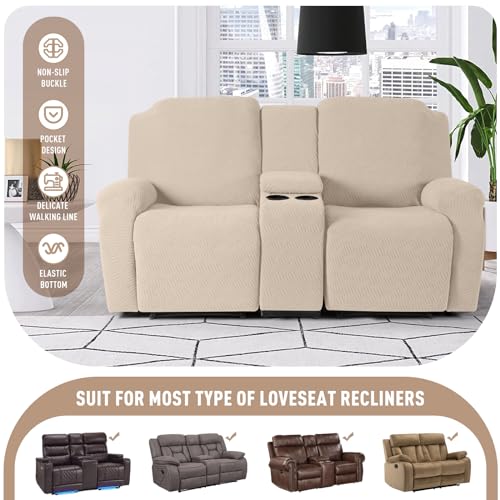 Image of KinCam Loveseat Recliner Covers with Middle Console Slipcover, Recliner Sofa Covers 2 Seat Couch Cover Stripe Jacquard Furniture Protector Covers with Elastic Bottom for Kids, Pets (Vanilla)