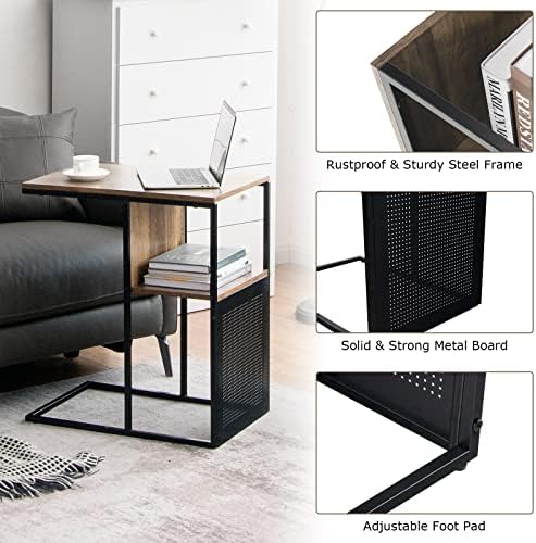 COSTWAY C Shaped Reversible End Table, Industrial Nightstand Bedside Sofa Side Table with Storage Shelf, Metal Frame Wooden Overbed Coffee Snack Table for Home Bedroom Living Room