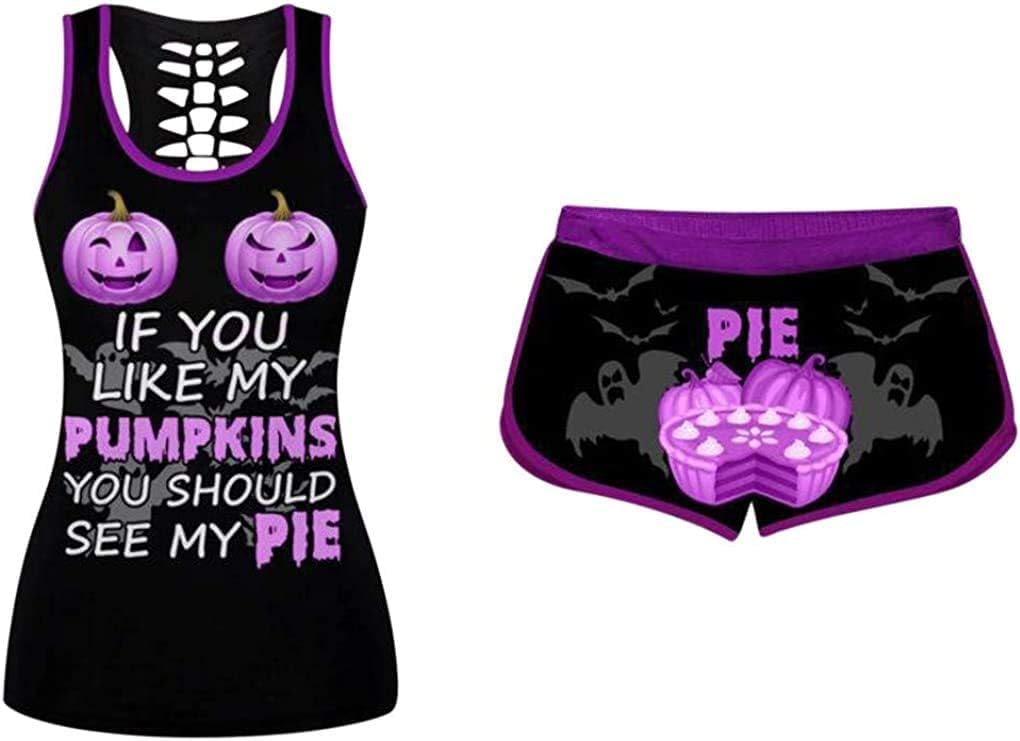 Women's Halloween Sleeveless Tank Top Set If You Like My Pumpkin Printing Drawstring Shorts Stretch Bottoms Suits