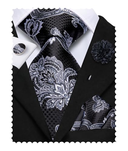 Image of Hi-Tie Men's Black and Silver Flower Tie Set Silk Jacquard Necktie Lapel Pin Pocket Square Cufflinks Sets Formal Business Wedding