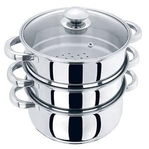 DNY® Large 3 Tier Stainless Steel Multi Food Cook Pot Steamer Glass Lid 24cm