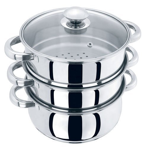 DNY® Large 3 Tier Stainless Steel Multi Food Cook Pot Steamer Glass Lid 24cm