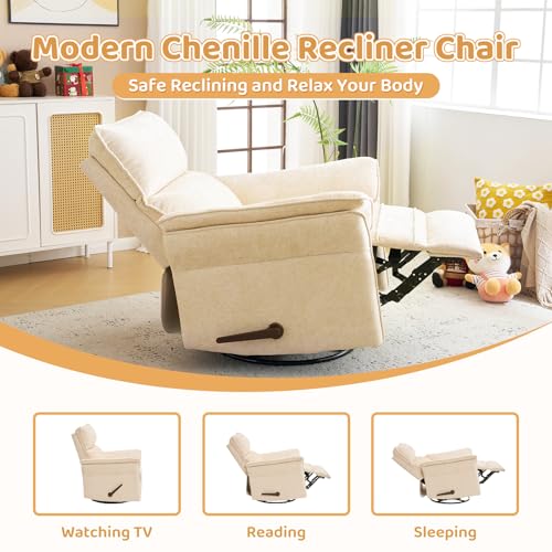 Image of Swivel Rocker Recliner with Adjustable Headrest,Upholstered Glider Rocker Recliner with Overstuffed Armrest,Manual Recliner Nursery Chair for Living Room,Beige