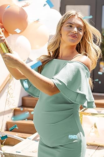 Laclef Womens Mini Off Shoulder Maternity Dress With Double Ruffle (Sage, Medium) #TOP2