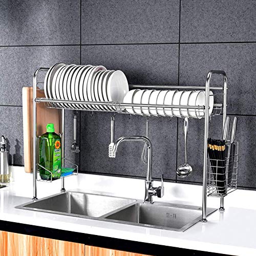 Geschirrtrockner über Waschbecken, Edelstahl Abtropffläche Regal Aufbewahrungsschalter Organizer Mit Utensilienhalter Geschirrkorb Küche Silber