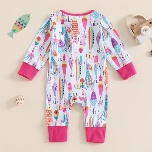 Newborn Baby Boy Girl Fall Winter Clothes Long Sleeve Fish Print Zipper Jumpsuit Romper One Piece Fishing Outfit 0-12M3