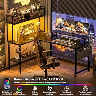 iSunirm Bureau Gaming en Forme de L,125x90x75cm Bureaux à Domicile avec LED et Prises,Table en L avec Sac de Rangement et Crochet pour Le Travail à Domicile et Gaming, Noir