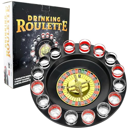 Shot Glass Roulette Drinking Game – 16-Piece Red/Black Set with 2 Metal Balls, Fun Adult...