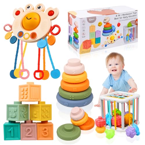 Richday 4 in 1 Montessori Jouets pour Enfants pour 3-6-12-18mois Empilage Blocs de Construction Corbeille Sensorielle Jouets de Dentition neonati Ragazze Ragazzi giocattoli Regali.