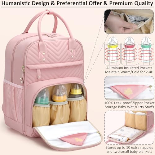 Image of Tenot Diaper Bag Backpack for Women with Changing Pad, Baby Bag with Insulated Pockets Multifunctional Diaper Bags For Baby Girl Boy Waterproof Baby Bags For Boys Girls Maternity Bag Baby Pink