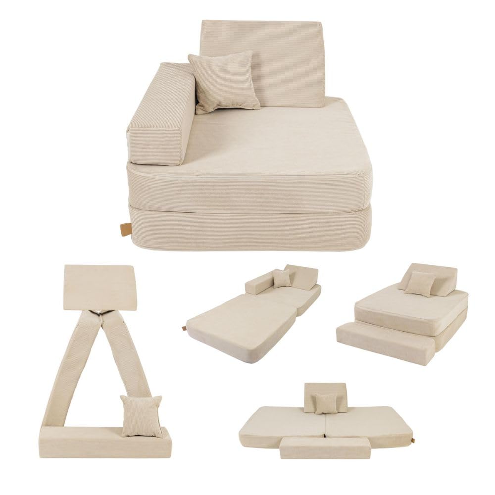 Angelove Fauteuil Enfant 3‑en‑1 - Canapé Modulable et Matelas de Jeu en Velours Côtelé, Confortable dès 1 an, Beige