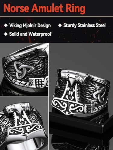 FaithHeart Norse Viking Jewelry Mens Stainless Steel Vikings Thor's Hammer/Wolf Head Ring Valknut Warrior's Gothic Jewelry-Personalized Engrave4