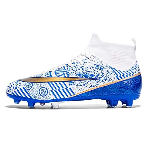 Kids Soccer Shoes Firm Ground Youth Soccer Cleats Boys Spike FG High-Top Football Boots for Outdoor Training White Blue