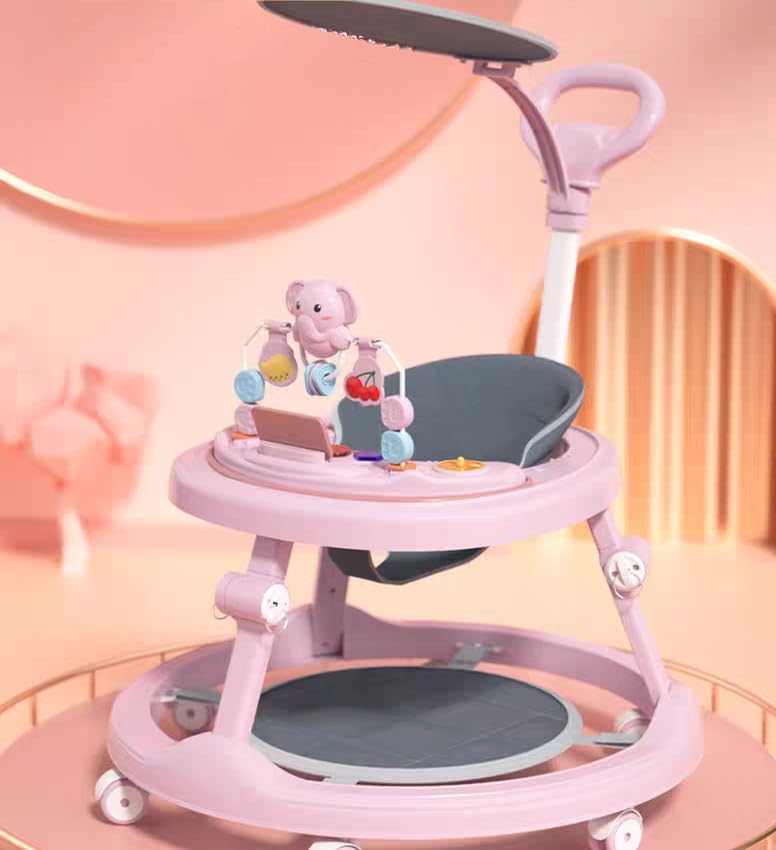 4 in 1 Folding Baby Walker, Activity Walker for Boys Girls, Learning-Seated, Toddler Walk-Behind w/Music Toys, Adjustable Height & Speed, Safety Bumper, Infant Walker Anti-Rollover