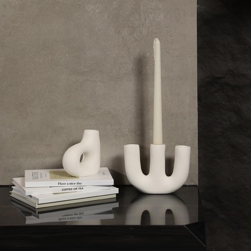Candle Holder Stand Ceramic Candle Holder Vase Home Decoration Desktop Centerpiece Flower Vase Wedding Decoration Home Decoration Accessories Art Candlestick Holders (Color : D Black) (A White) image 3